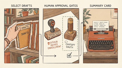Continuous narrative illustration showing folder selection, human approval gates, and typewriter summary card
