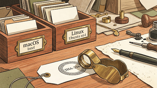 Artisan distribution desk with macOS Intel and Linux specimen trays and verification loupe