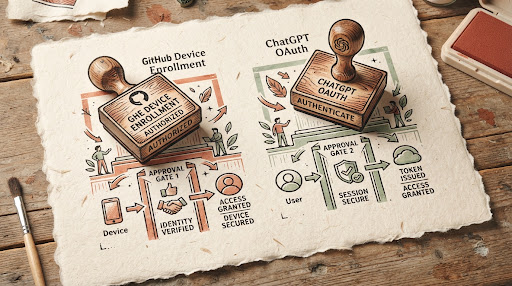 Illustration of separate GitHub Device Enrollment and ChatGPT OAuth Stamps