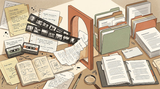 Editorial illustration of creative researcher desk transition