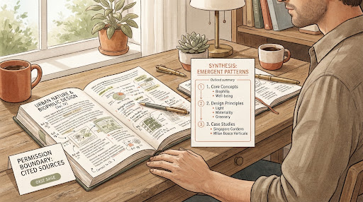Warm editorial diagram of researcher desk with permission boundary and synthesis outline card