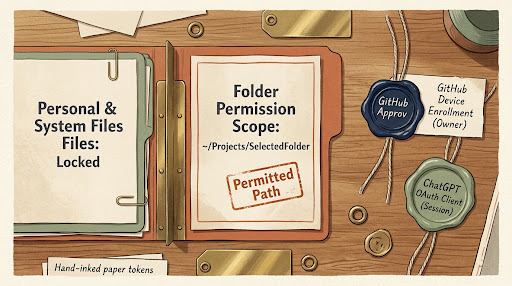Tactile editorial diagrammatic illustration explaining human digital security and boundaries: physical paper tokens, folder boundary brass divider, and distinct approval wax seals.
